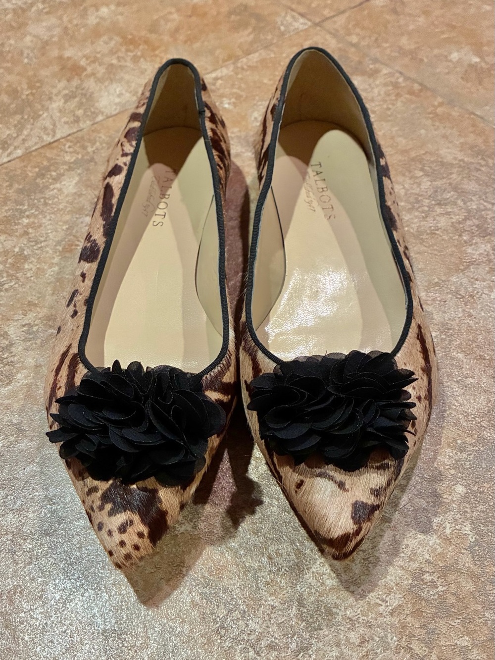 Talbots Leopard-Print Pointed Flats with Black Floral Rosette